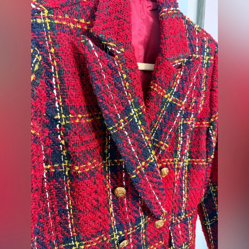 Red Plaid Tweed Double-Breasted Women's Blazer Jacket Sz Large large - Picture 3 of 5